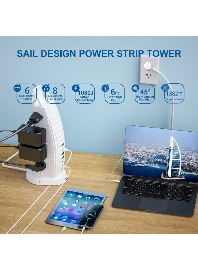 لوحة تمديد طاقة على شكل برج من Sailboat، مزودة بـ 8 مقابس تيار متردد عالمية، و6 منافذ USB (من النوع C وA)، وحماية من زيادة التيار بقدرة 3000 واط، لون أبيض. - Image 2